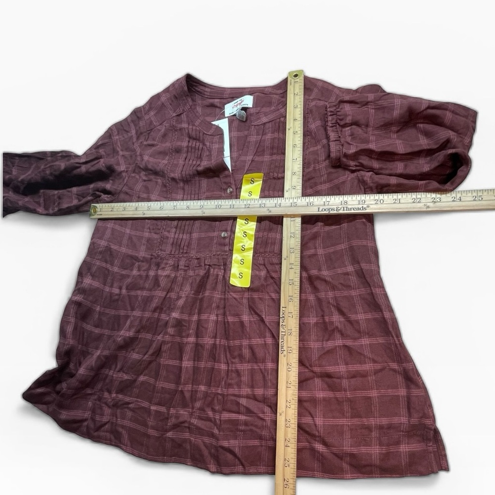 Western Boho Plaid Wrangler Peasant Blouse Burgundy Size S 3/4 Sleeve top NWT - Picture 4 of 13